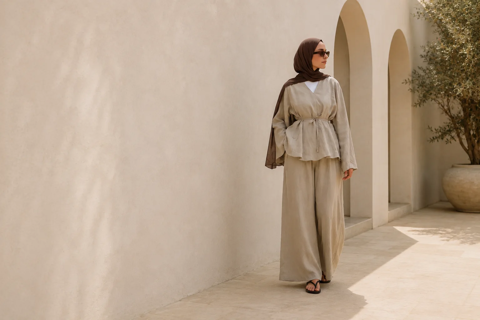 Woman wearing a neutral linen set from the iStyle collection